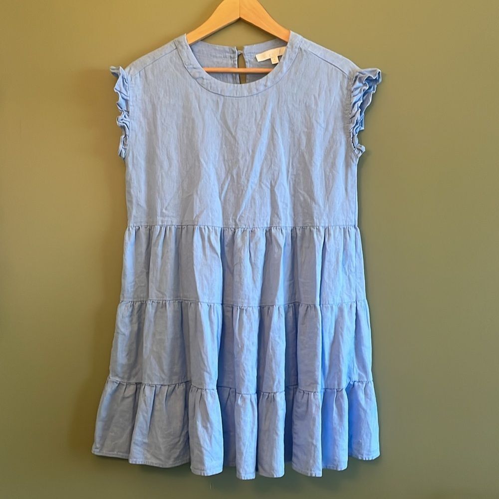 Adyson Parker Linen Blend Tiered Mini Shift Dress Blue Sz M Summer Preppy - Picture 2 of 8